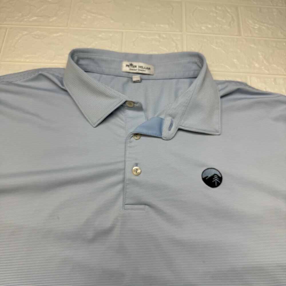 Peter Millar Summer Comfort Polo Shirt Mens XL Blue White Striped Golf Short Slv